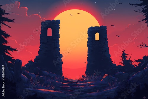 Sunset Over Ancient Ruins: Mystical Landscape Silhouette Art in Vibrant Colors