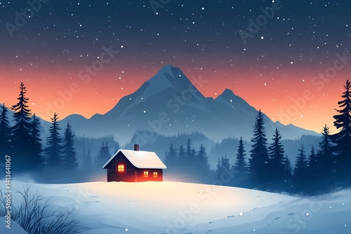 Snowy Evening Mountain Cabin: Cozy Winter Landscape with Starry Sky and Northern Lights