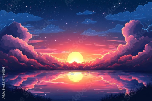 Idyllic Sunset Over Water: Vibrant Colors, Serene Clouds & Stars in Digital Landscape Art