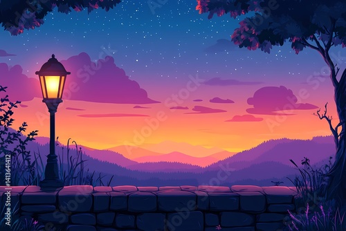 Tranquil Sunset Landscape with Lanterns: Digital Art of a Peaceful Mountain Dusk Scene with Vibrant Pastel Colors and Starry Sky, Perfect for Nature and Romantic Ambiance Backgrounds