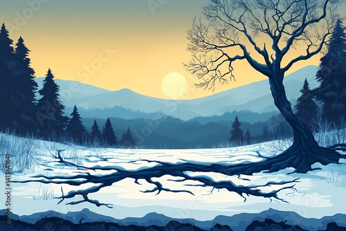 Serene Winter Landscape: Minimalist Mountains and Snow-Covered Trees at Sunset