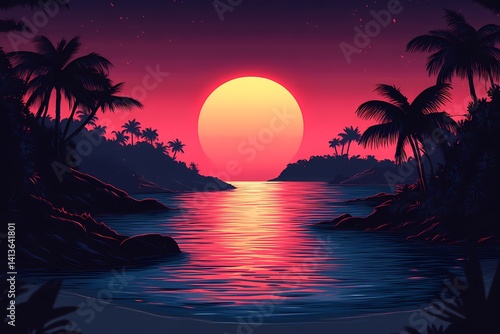Tropical Ocean Sunset Silhouette with Vibrant Colors Reflecting in Palm-Lined Horizon