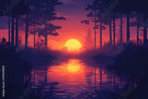 Tranquil Sunset Landscape Over River Reflection in Forest. Vibrant Nature Scenery for Peaceful Evenings