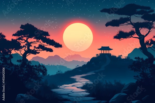 Serene Sunset over Asian Mountains. A Traditional Architecture Silhouette with Vibrant Colors and Evening Moonlight