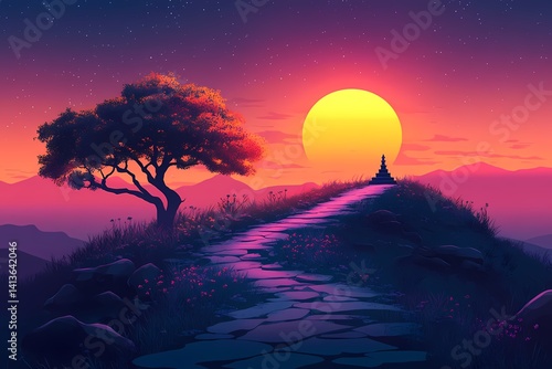 Serene Nature Journey. Vibrant Digital Art of Sunset Pathway Through Tranquil Mountain Landscape