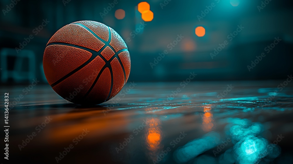 Basketball on a glossy wooden court under soft blue and orange lights Basketball on a glossy wooden court under soft blue and orange lights