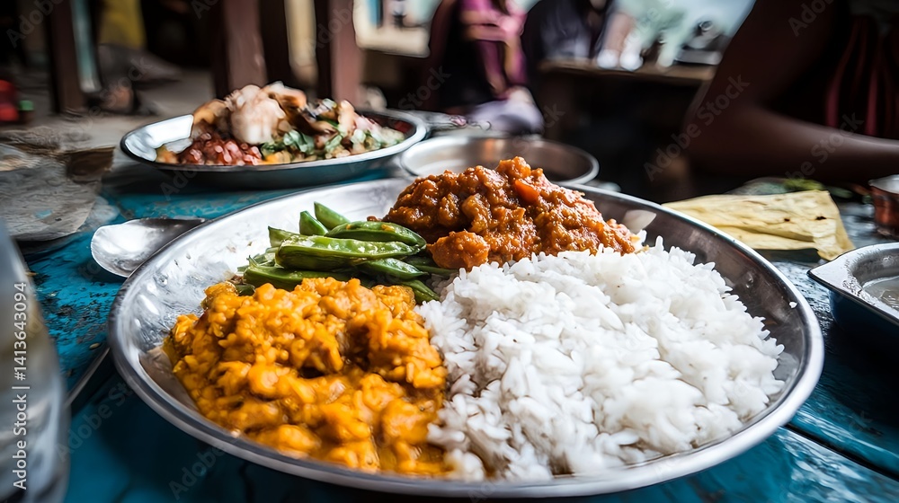 Obraz premium Authentic Thakali Thali with Daal, Bhaat, and Tarkari Dishes