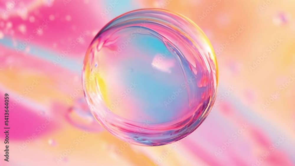 Colorful bubble floats in pastel liquid as camera zooms in softly. 4K.
