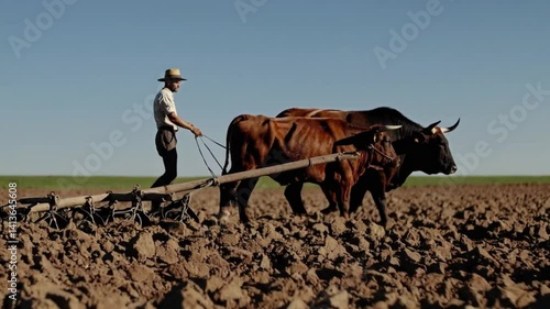 farmer working in the fields with oxen and a wooden plow