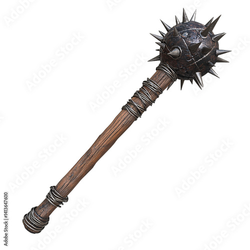 A wooden-handled, spiked ball club, likely from a historical period, designed for impact and piercing.