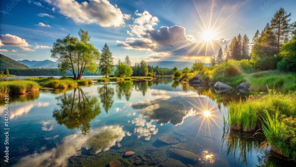 Serene Lake Reflection with Sunlight Serene Lake Reflection with Sunlight