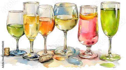 An assortment of six different wine glasses filled with various colorful wines sits on a table with wine corks.