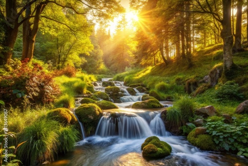 Sunlit Forest Stream with Mossy Rocks