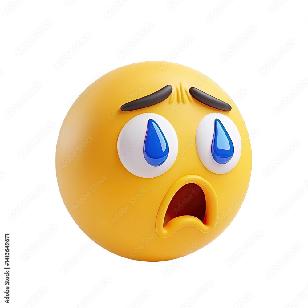 Generic emoji with sad expression showing tears and open mouth in front of transparent background. Generic emoji with sad expression showing tears and open mouth in front of transparent background.