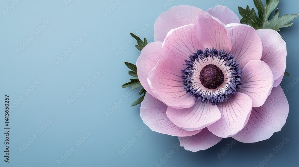 Fototapeta premium Close-up of a delicate pink anemone flower on a soft blue background emphasizing its intricate petals and texture