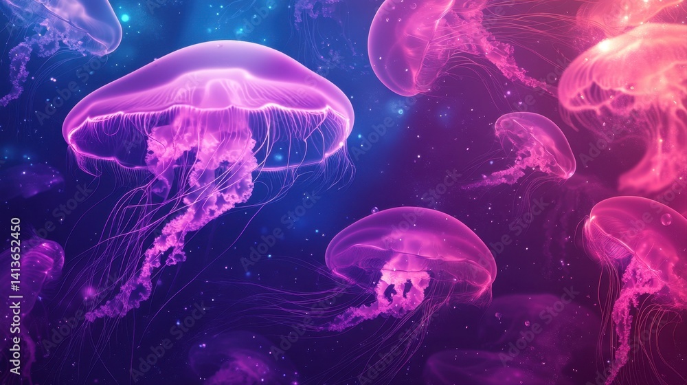 Ethereal Glow of Colorful Jellyfish Swimming in Deep Ocean Waters at Night with Vibrant Colors and Mystical Atmosphere Ethereal Glow of Colorful Jellyfish Swimming in Deep Ocean Waters at Night with Vibrant Colors and Mystical Atmosphere
