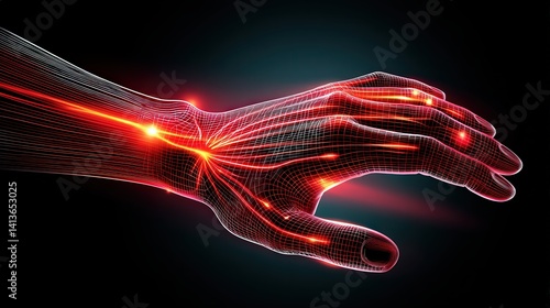 wellness health Glowing red nerve lines spreading from hand and wrist on dark gradient background symbolizing diabetic neuropathy pain and discomfort nerve damage illustration  