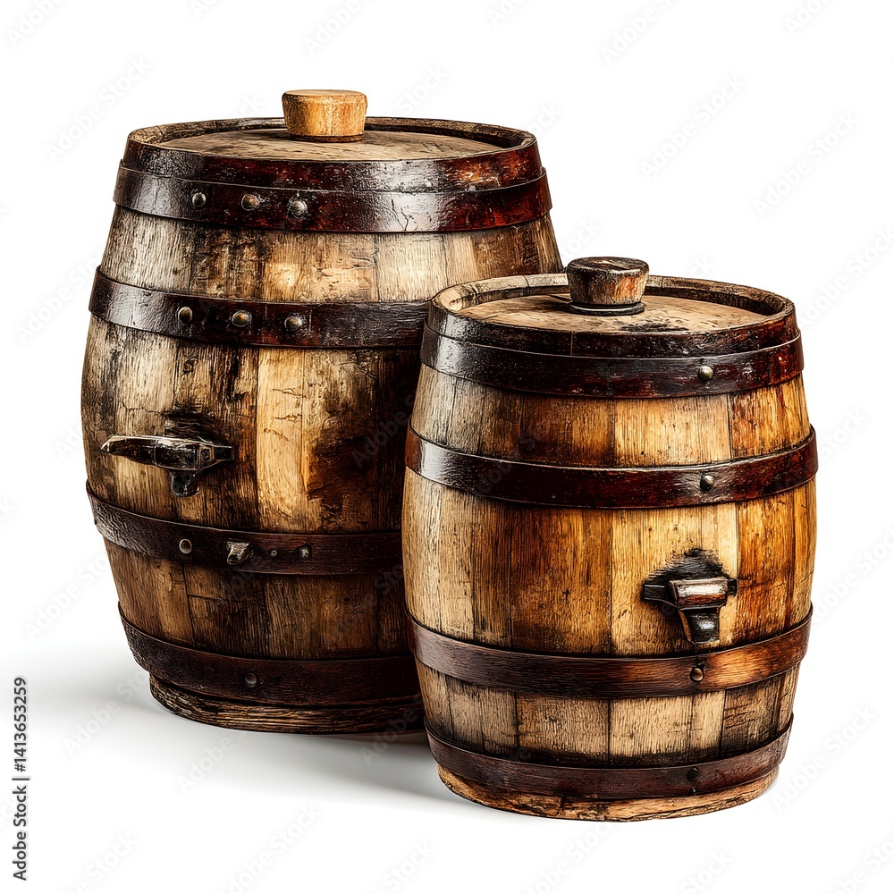 Obraz premium Two aged wooden barrels with metal bands and spigots sit on a white background showcasing their rustic charm and vintage appeal.
