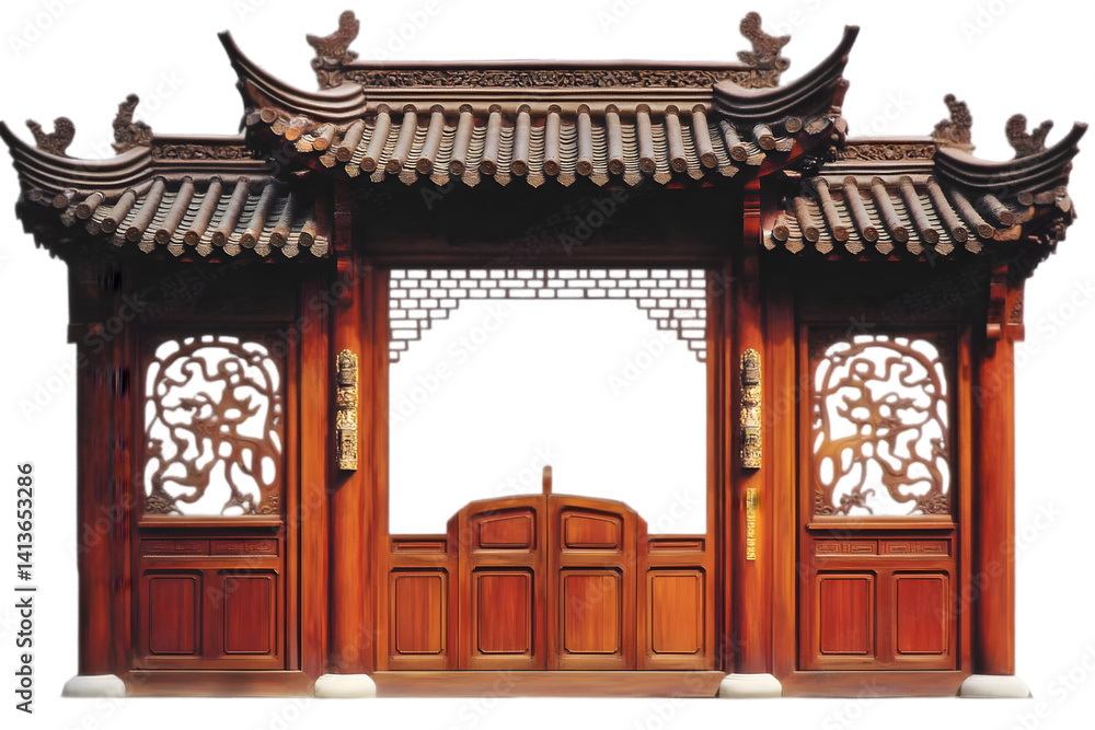 Isolated Asian Wooden Gate Illustration Brown Carved Exterior Design