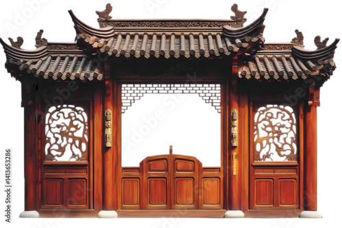 Obraz na płótnie Isolated Asian Wooden Gate Illustration Brown Carved Exterior Design w salonie