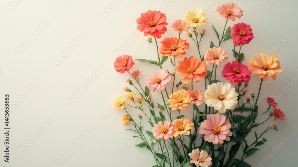 Obraz premium Beautiful bouquet of colorful flowers in various shades of pink, orange, and yellow against a light background