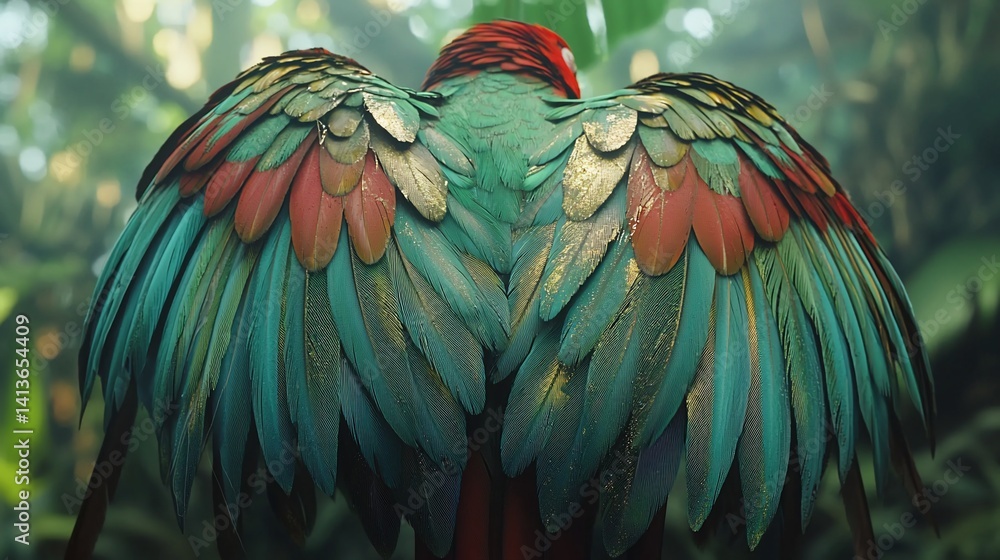 Obraz premium Vibrant parrot's outstretched wings showcasing iridescent red, green, and gold feathers