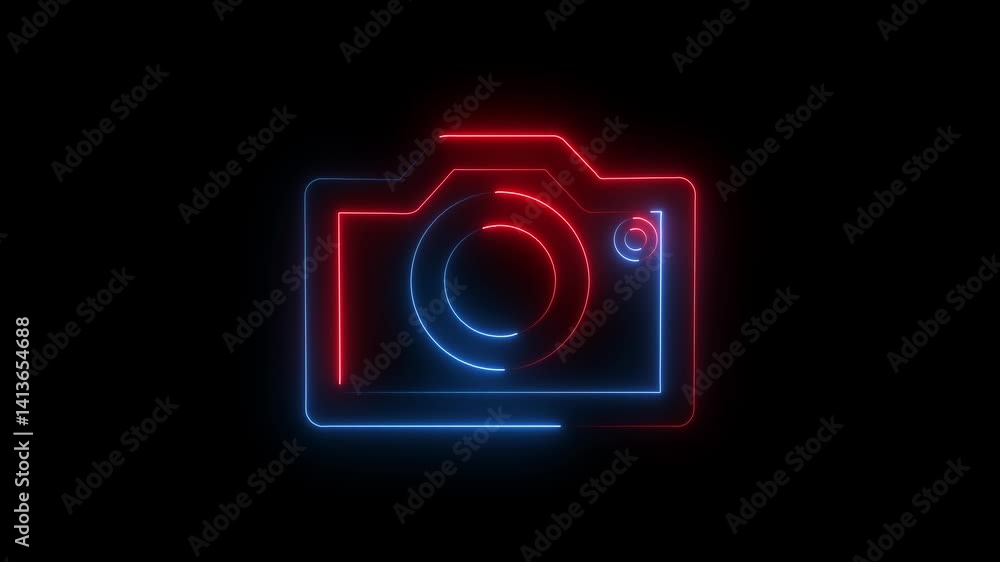 Abstract rendering glowing neon symbol of photo camera animation. Luminous signboard camera motion graphics. Abstract rendering glowing neon symbol of photo camera animation. Luminous signboard camera motion graphics.