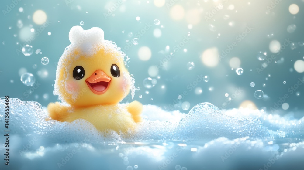 Adorable yellow duckling toy with foam bubbles in a sparkling bath scene for playful and joyful moments Adorable yellow duckling toy with foam bubbles in a sparkling bath scene for playful and joyful moments