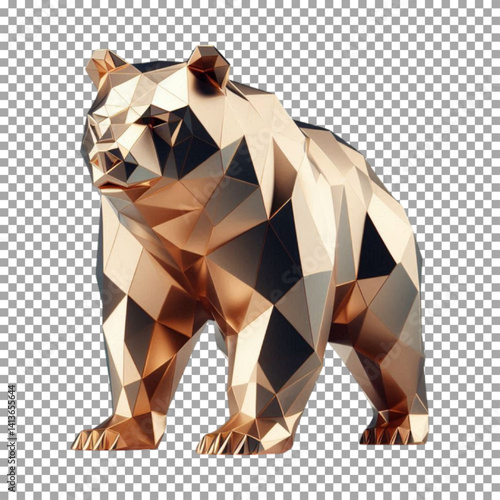 a shiny, multi-faceted low-poly illustration of a gold bear, Abstract Gold Bear Statue - Geometric Art Piece on transparent background, png, psd
