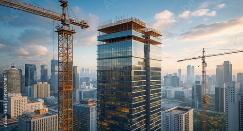 Modern office tower construction cinematic view background 