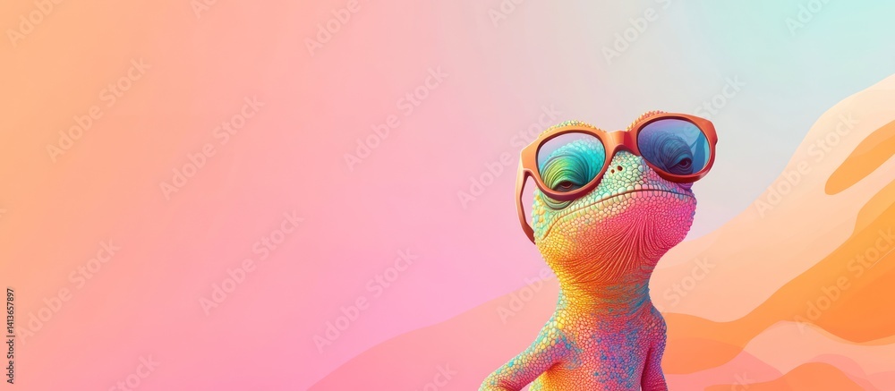 Charming chameleon sporting stylish sunglasses amid dreamy pastel gradients backdrop Charming chameleon sporting stylish sunglasses amid dreamy pastel gradients backdrop