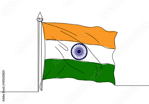 One line drawing of  India flag with color. Modern minimalistic design in continuous line art style, perfect for creative projects, print materials and educational content.