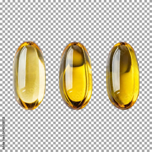 Close-Up of Shiny Yellow Supplement Capsules on transparent background, png, psd
