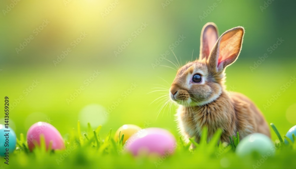 Obraz premium Bunny Ears in Field with Colorful Eggs , flowers, spring