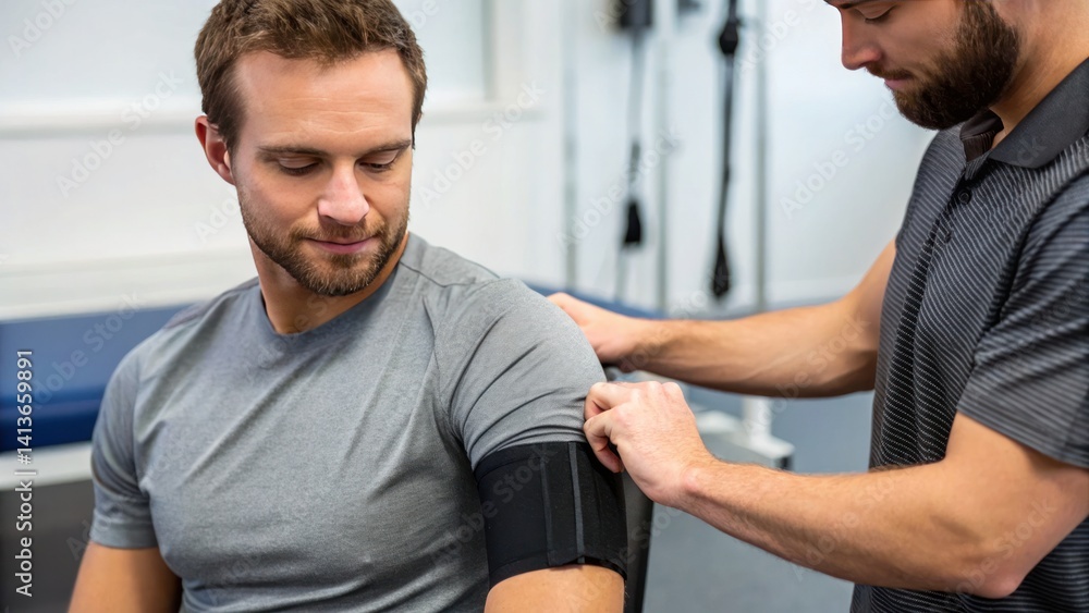Obraz premium Healthcare Technology Medical Devices Innovation concept, Man receiving a treatment from a professional in a clinical setting.