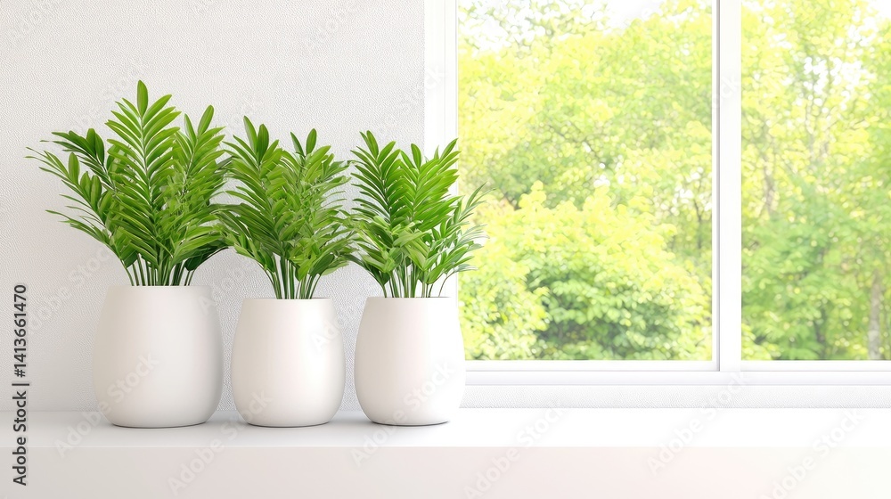 Fototapeta premium Vibrant green houseplants in modern white planter on sunny windowsill