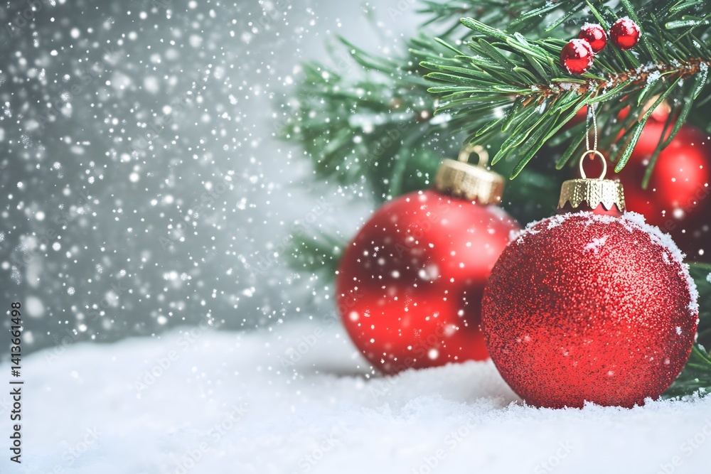 Red Christmas Ornaments on Snowy Pine Branch Winter Holiday Background Red Christmas Ornaments on Snowy Pine Branch Winter Holiday Background