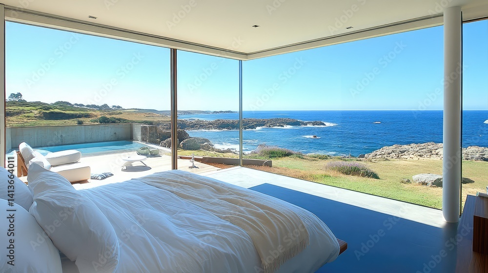 Fototapeta premium A minimalist bedroom with a panoramic view of the ocean, large windows, and simple furnishings, offering ample space for overlay text or creative designs