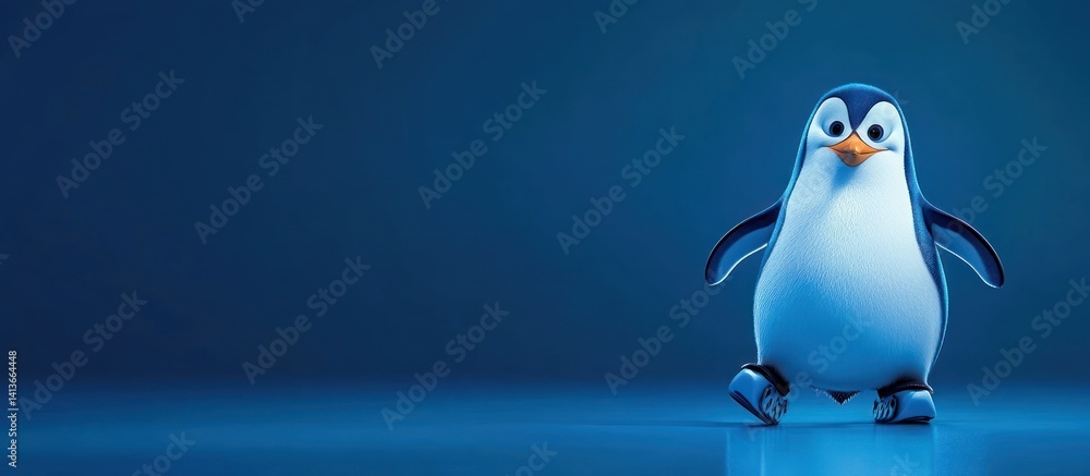 Obraz premium Whimsical Antarctic Wanderer: A Cheerful Cartoon Penguin on a Blue Canvas