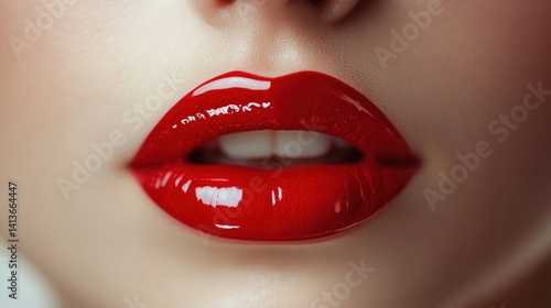 Close-up of woman's lips with vibrant red glossy lipstick