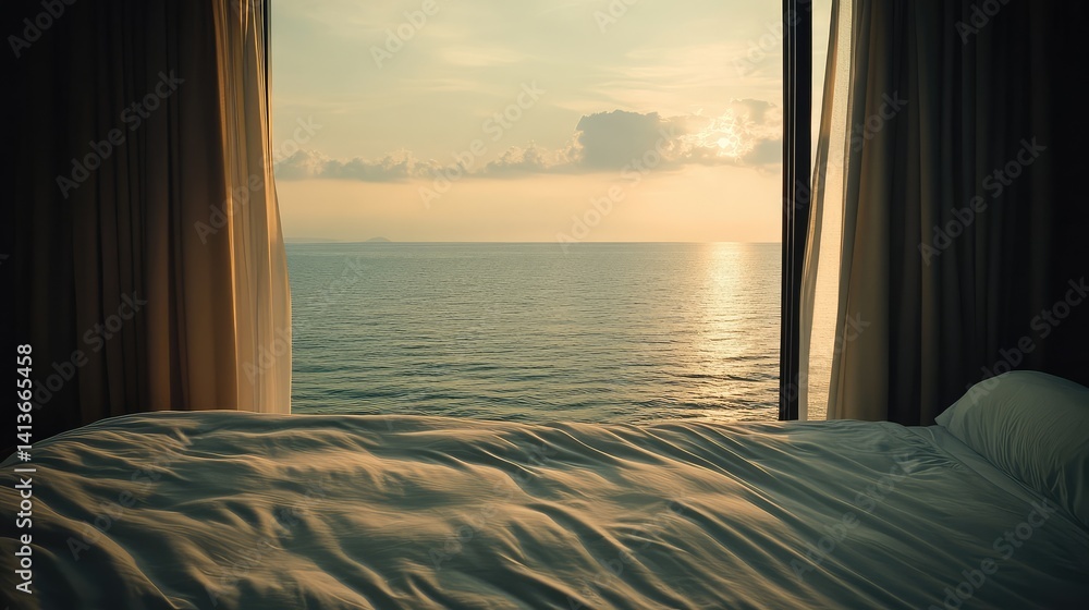 Fototapeta premium A serene hotel room with a stunning ocean view, a comfortable bed, and minimalist design, leaving plenty of room in the center for text or graphic designs