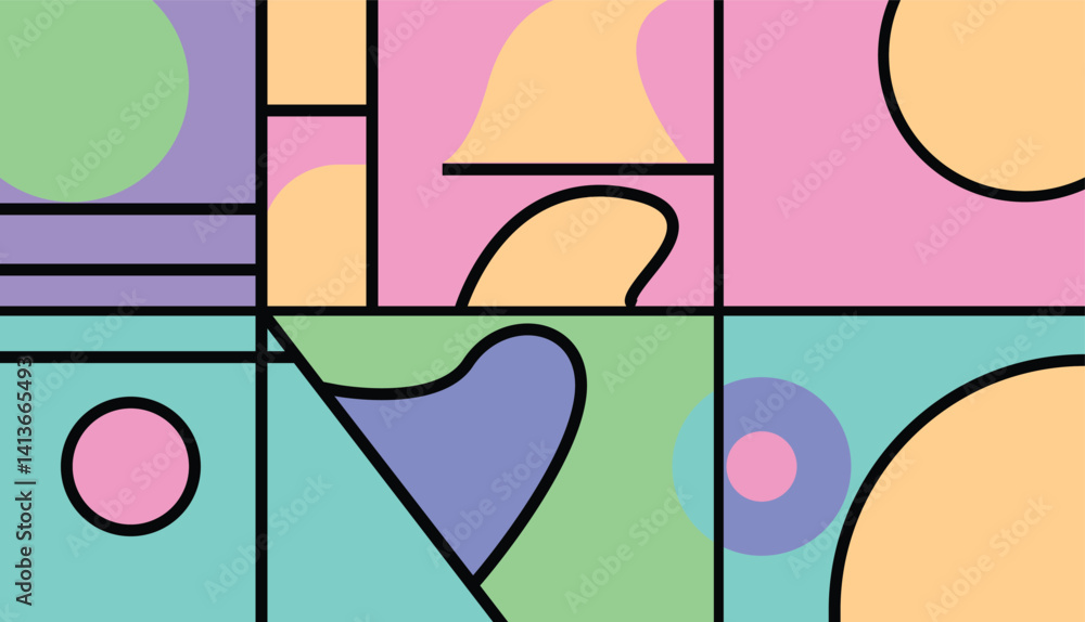 Colorful Abstract Geometric Shapes With Lines and Vibrant Colors, Retro 90s Memphis pattern with pastel background,