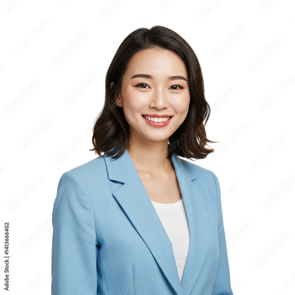 Confident Asian Businesswoman in Light Blue Blazer Determined Professional Executive Focused Corporate Leadership Smart