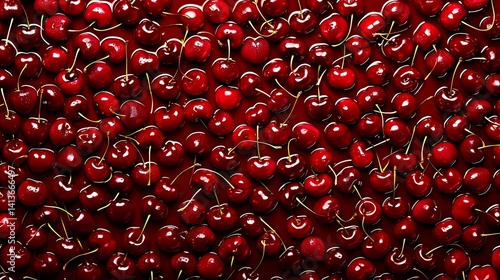 Overhead arrangement presenting a vast expanse of vibrant, glossy red cherries
