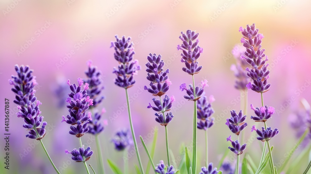 Naklejka premium Diffused light in soft lavender and pink tones, creating a peaceful and soothing effect with copy space for text