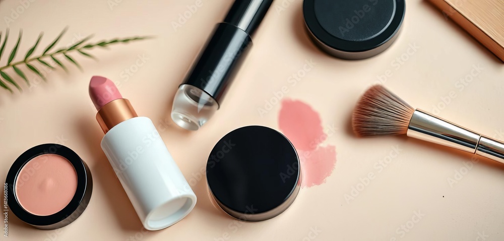 Close-up of minimalist makeup essentials on a neutral background, minimal makeup, top view Close-up of minimalist makeup essentials on a neutral background, minimal makeup, top view