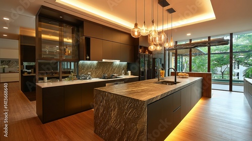Modern kitchen design showcasing a large island with natural stone countertops.