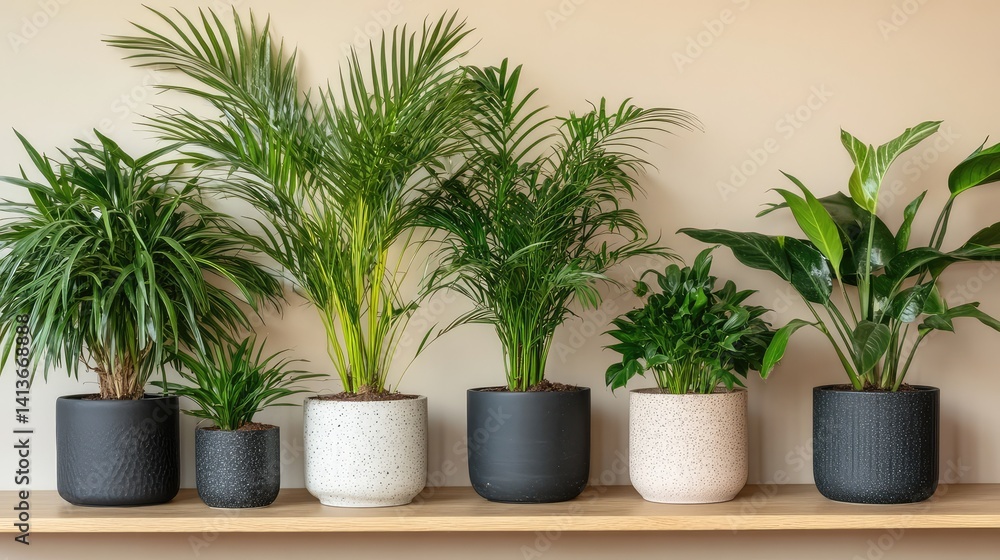 Group of potted air-purifying plants in living room shelf with beige wall and design-friendly copy space Group of potted air-purifying plants in living room shelf with beige wall and design-friendly copy space