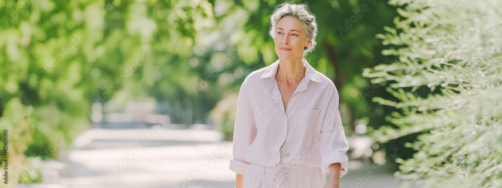 Mature Woman Walking Gracefully in a Park Setting
