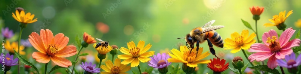 Insects and bees amidst a vibrant wildflower border, flowers, nature Insects and bees amidst a vibrant wildflower border, flowers, nature
